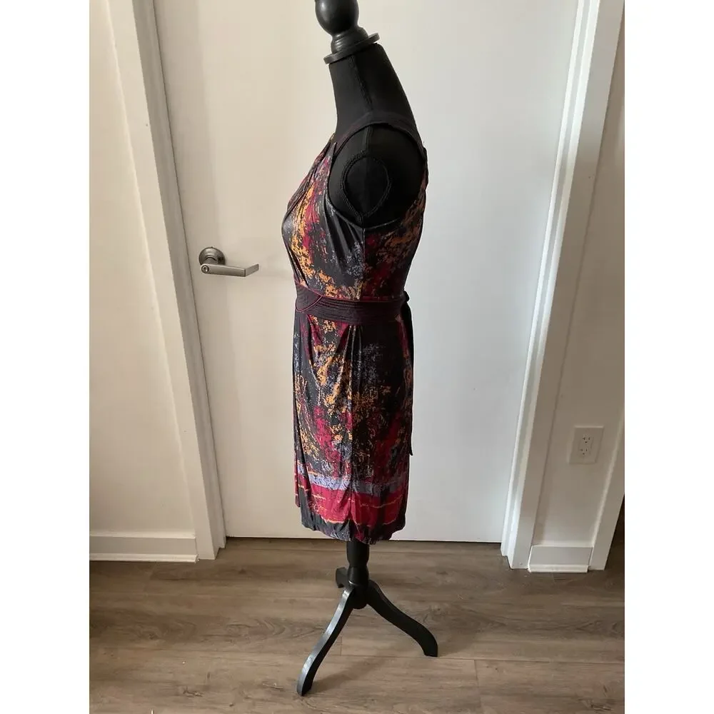 BCBGMAXAZRIA Black Red Abstract Sheath Scoop Neck Sleeveless Tie Dress Sz S